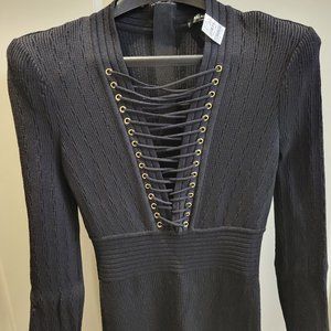 BALMAIN BLACK KNIT FITTED MIDI DRESS